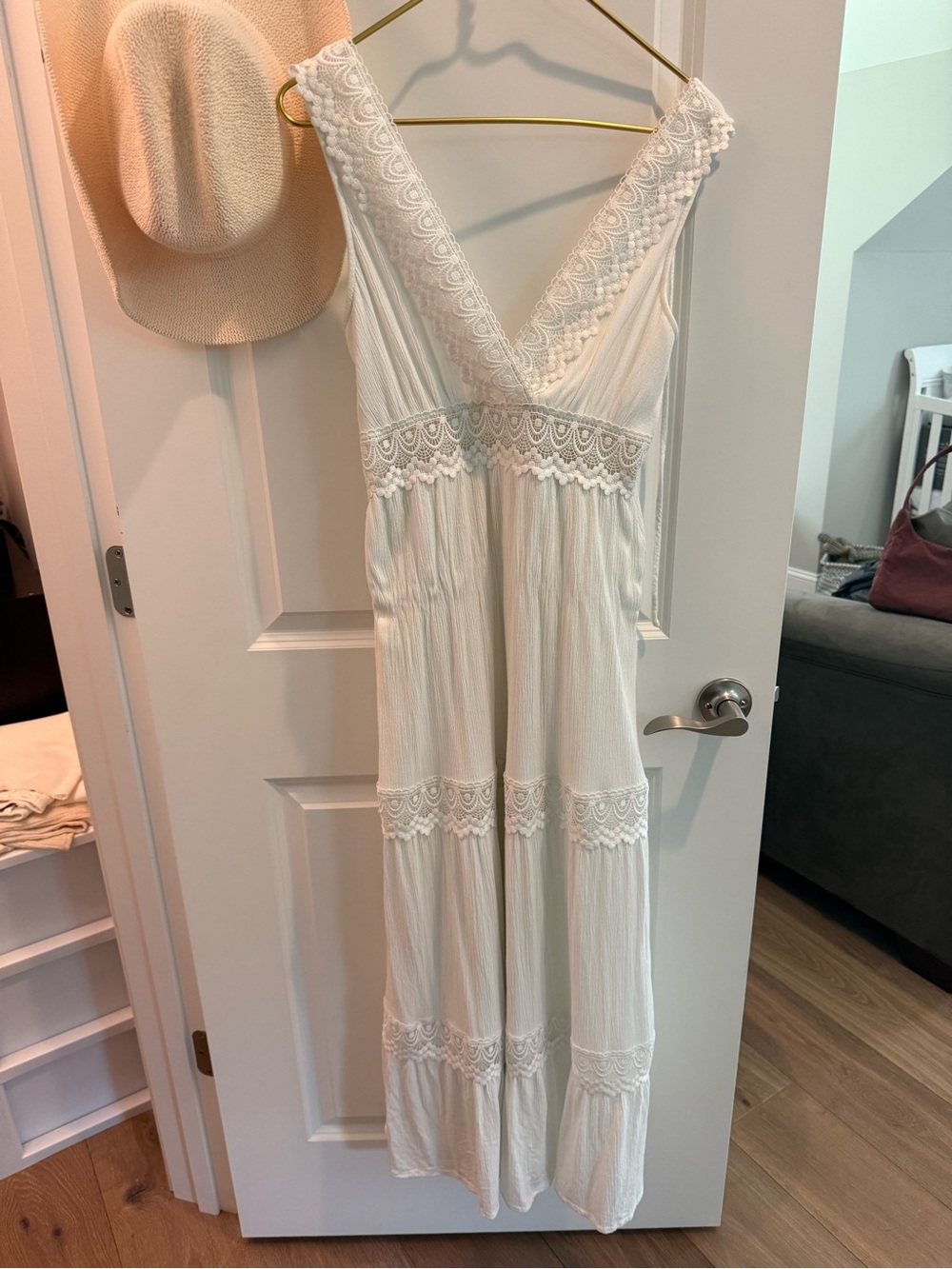 Shinestar Cream Lace-Trim Sleeveless V-Neck Maxi Dress
